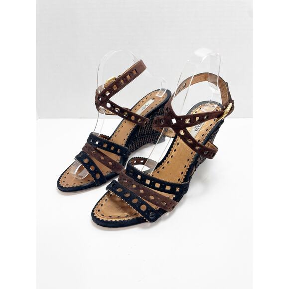 Prada Brown & Black Cutout Leather Woven Wedge Sandals Size 40 - Picture 2 of 10